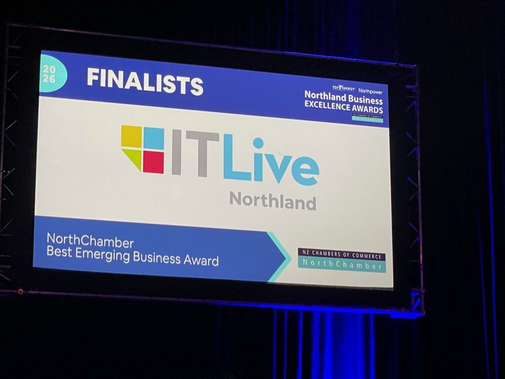 IT Live Northland on the big screen at McKay Stadium as a 2026 finalist for the NorthChamber Best Emerging Business Award